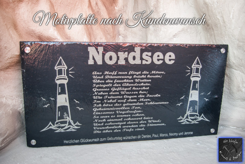 Geburtstagsgeschenk- Schiefertafel mit einem Nordsee-Gedicht und 2 Leuchttürmen - Motiv-Gravuren als Geschenk zum Geburtstag