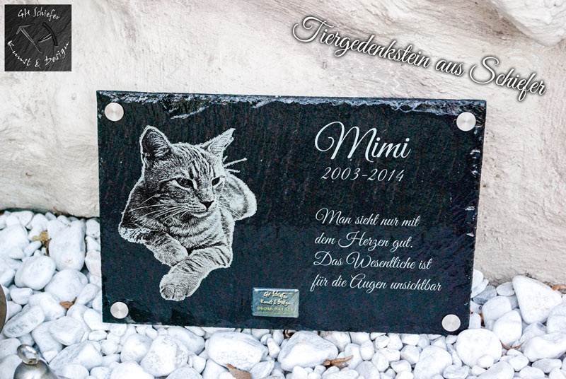 Tiergrabstein, Gedenkstein, Gedenkplatte, Katze, Hund, Haustier - Grabstein aus Schiefer mit Gravur 25 x35