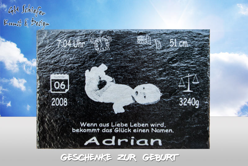 Geschenkideen für Neugeborene mit Bild und Geburtsdaten auf Schiefer