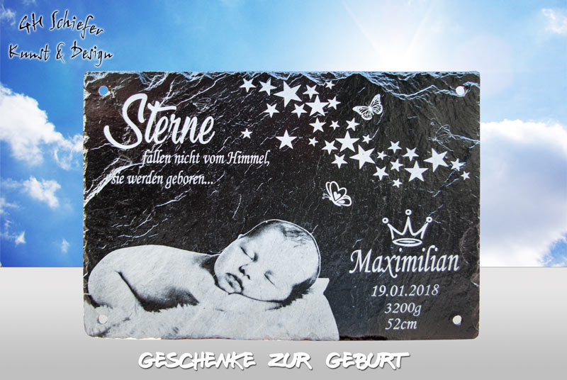 Geschenk für Baby mit Sternen Bild und Geburtsdaten auf Schiefer