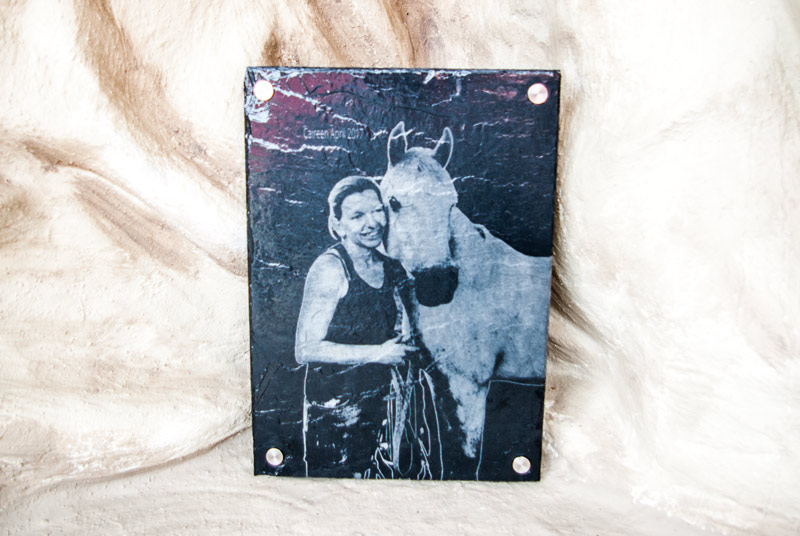Tiergrabstein, Tiergedenkstein, Pferd, Pferde, Gedenkstein, Gedenkplatte, aus Schiefer mit Bild-Gravur 25 x35